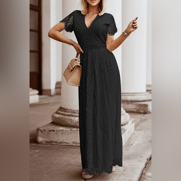 Trendsi Scalloped Trim Lace Plunge Dress - Picture 2 of 7